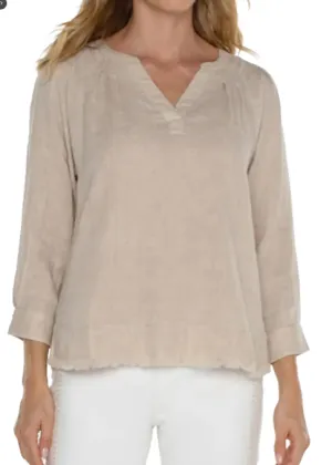 Liverpool 3/4 Slv Raglan Top w/ Pleats and Fray | Beige