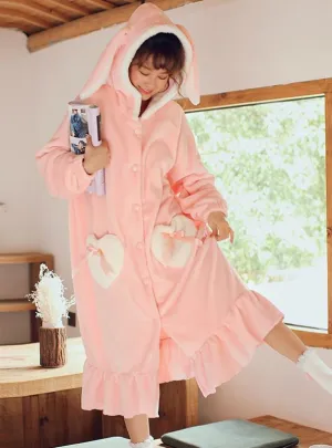 LONG EARS RABBIT PINK LONG SLEEVE POCKET CORAL FLEECE