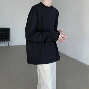 Long Sleeved T-shirt Cuff Design Round Neck Men Loose Versatile Base Solid Color Simple Korean Fashion Male Tops