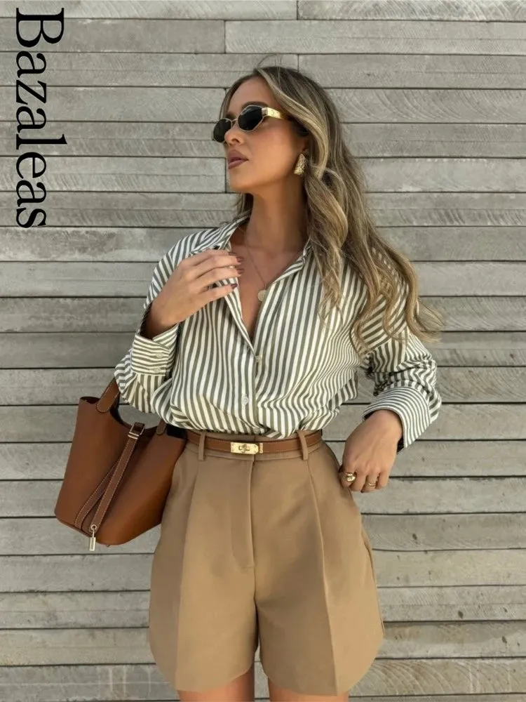 Loose Green Stripe Print Blouse –  Single Breasted Casual Shirt Top