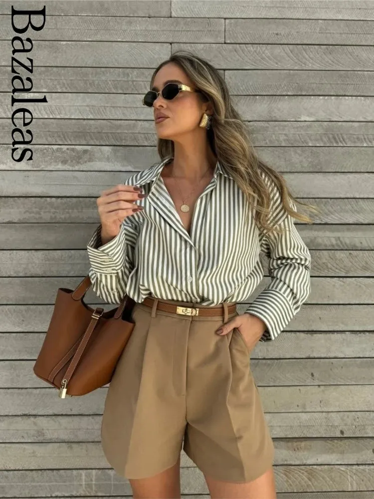 Loose Green Stripe Print Blouse –  Single Breasted Casual Shirt Top