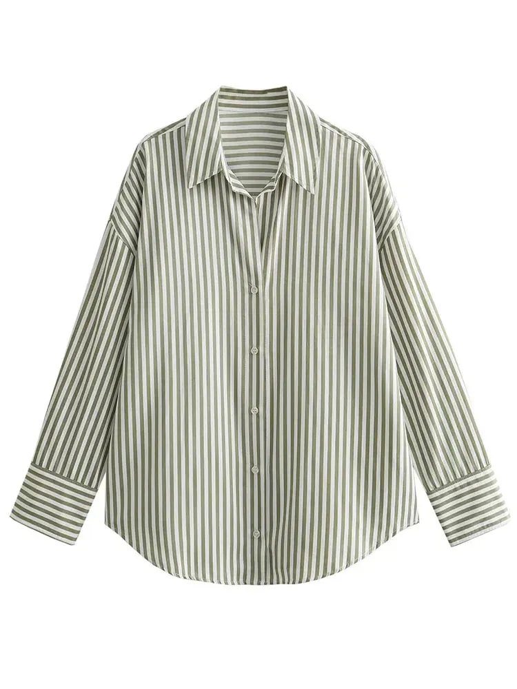Loose Green Stripe Print Blouse –  Single Breasted Casual Shirt Top