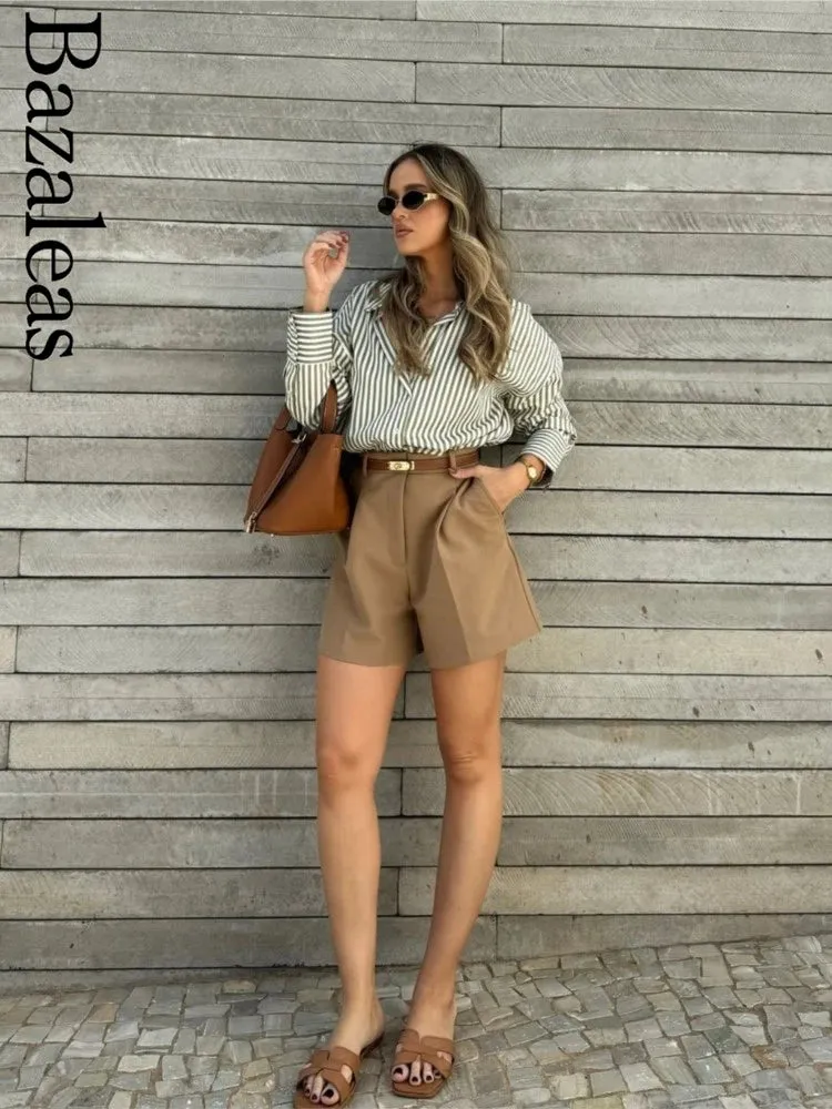 Loose Green Stripe Print Blouse –  Single Breasted Casual Shirt Top