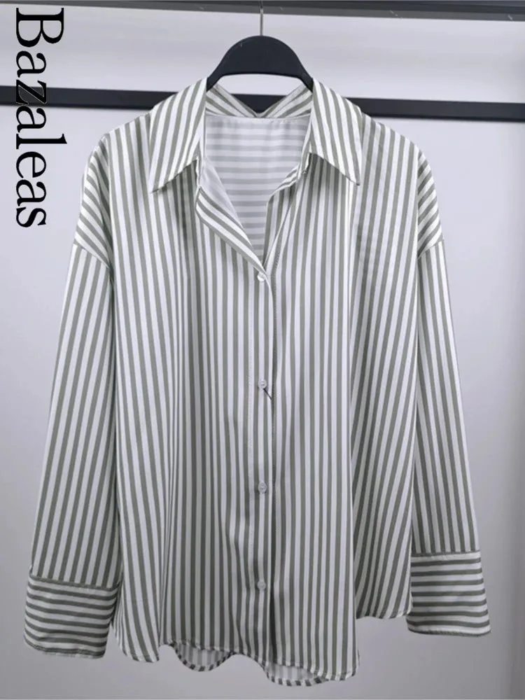 Loose Green Stripe Print Blouse –  Single Breasted Casual Shirt Top