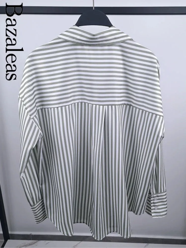 Loose Green Stripe Print Blouse –  Single Breasted Casual Shirt Top