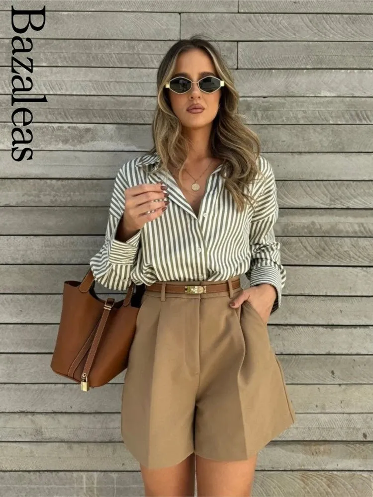 Loose Green Stripe Print Blouse –  Single Breasted Casual Shirt Top