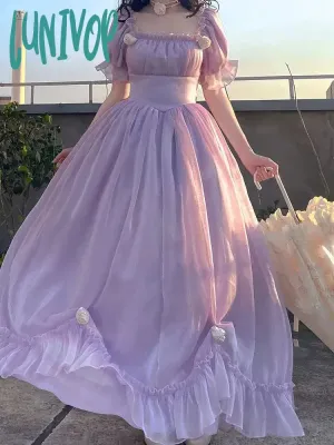 Lunivop Elegant France Vintage Mesh Dress Women Summer Purple Long Dress Retro Evening Party Dress Sweet Korean Princess Fairy Dress prom dress
