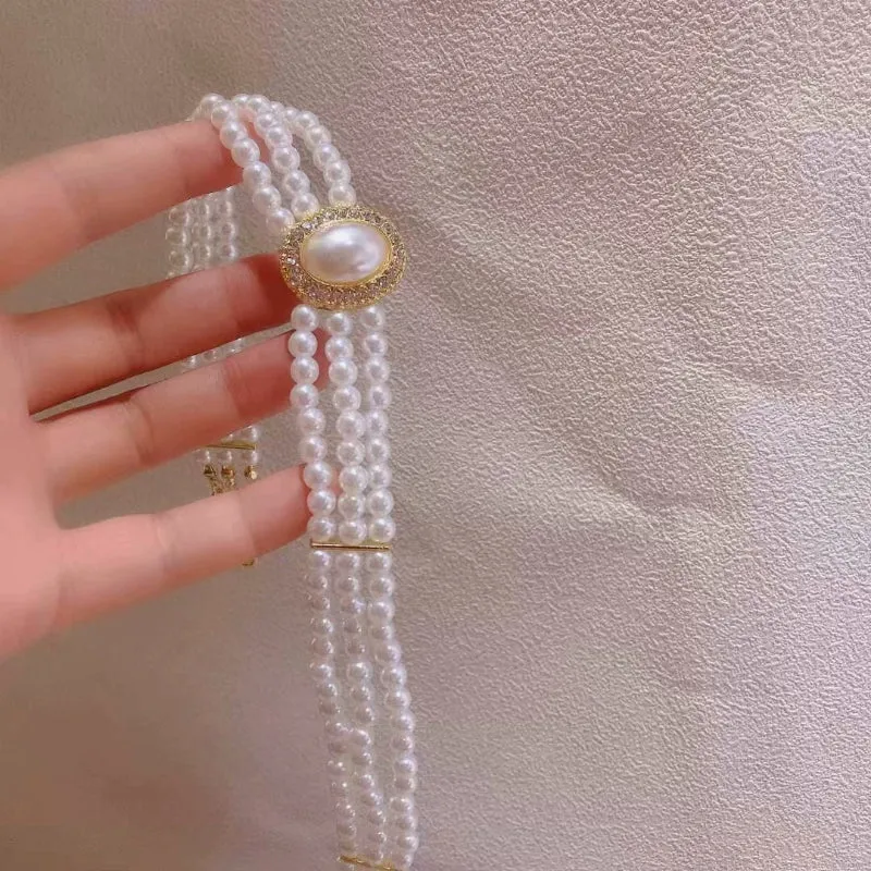 Lustrous Freshwater Three-Layer Rhinestone Pearl Beads Choker Necklaces