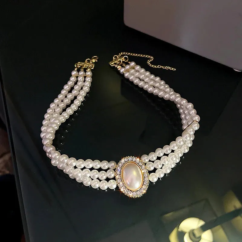Lustrous Freshwater Three-Layer Rhinestone Pearl Beads Choker Necklaces