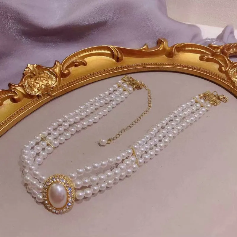 Lustrous Freshwater Three-Layer Rhinestone Pearl Beads Choker Necklaces