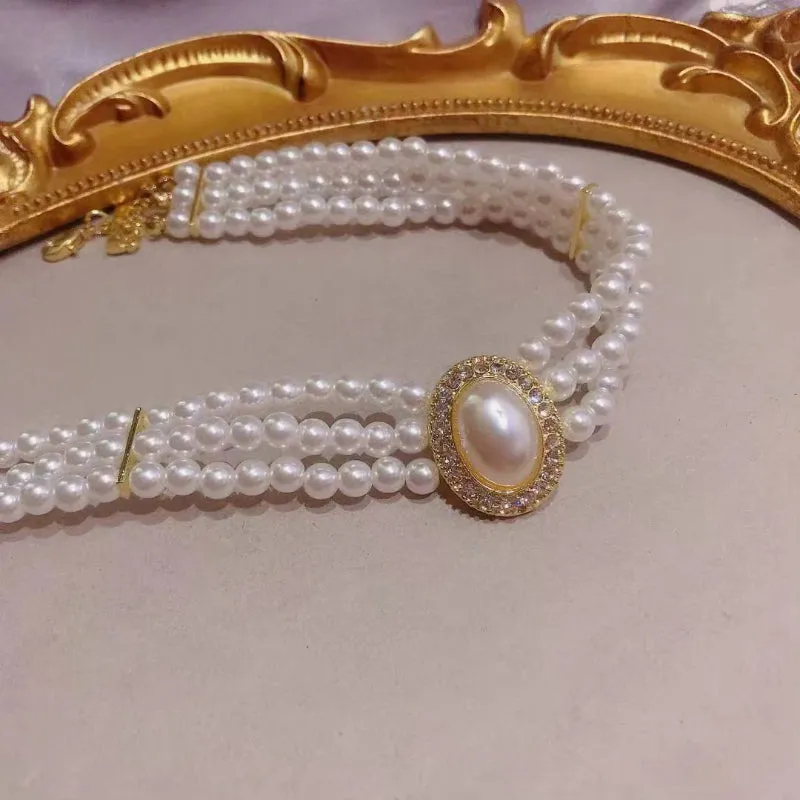 Lustrous Freshwater Three-Layer Rhinestone Pearl Beads Choker Necklaces