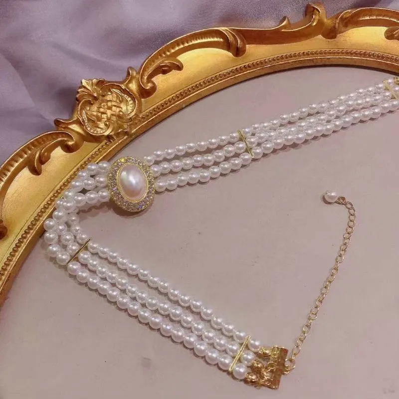 Lustrous Freshwater Three-Layer Rhinestone Pearl Beads Choker Necklaces