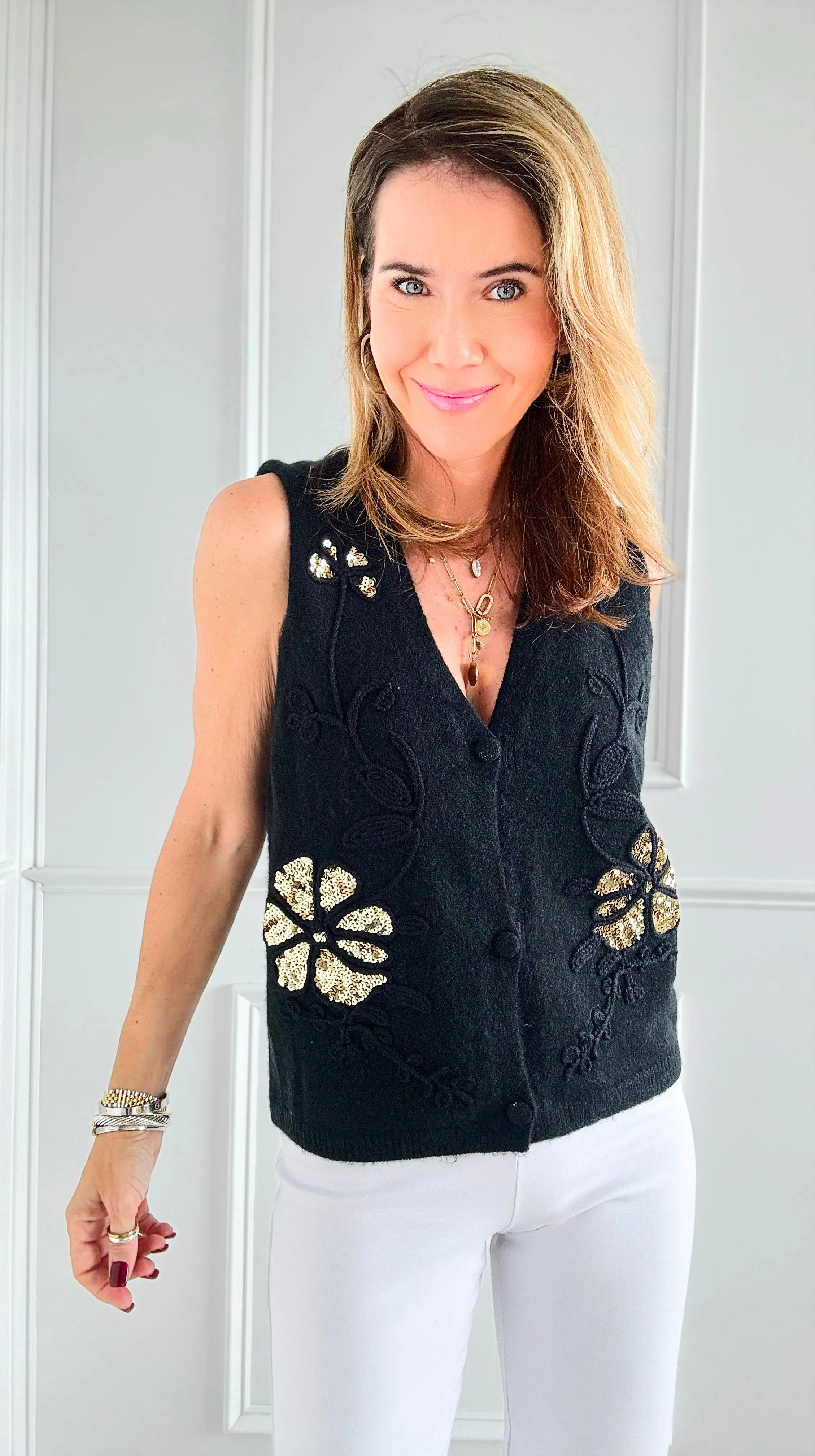 Luxe Petal Sparkle Vest - Black