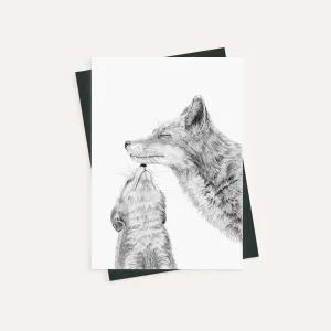 Mama fox with cub - kissing - Black and White - greeting card