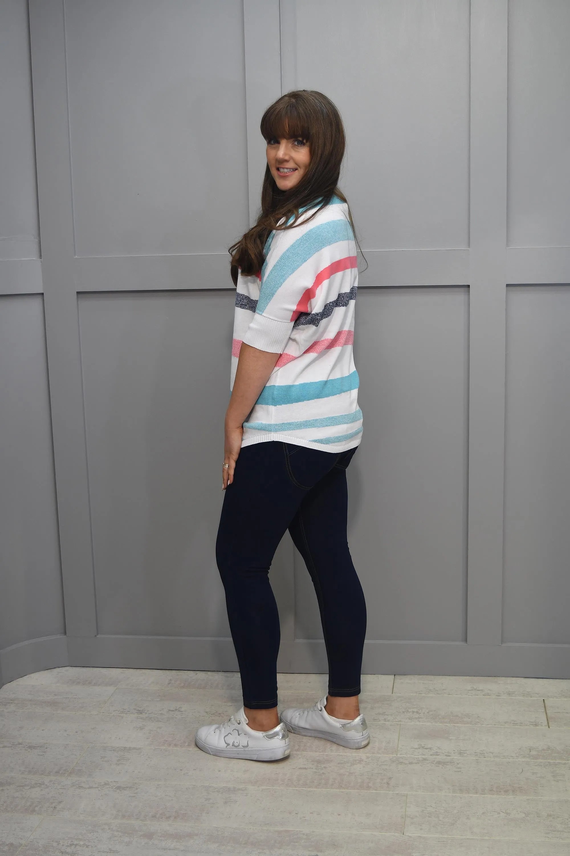 Marble Aqua, White & Coral Stripe Sweater - 7462 151