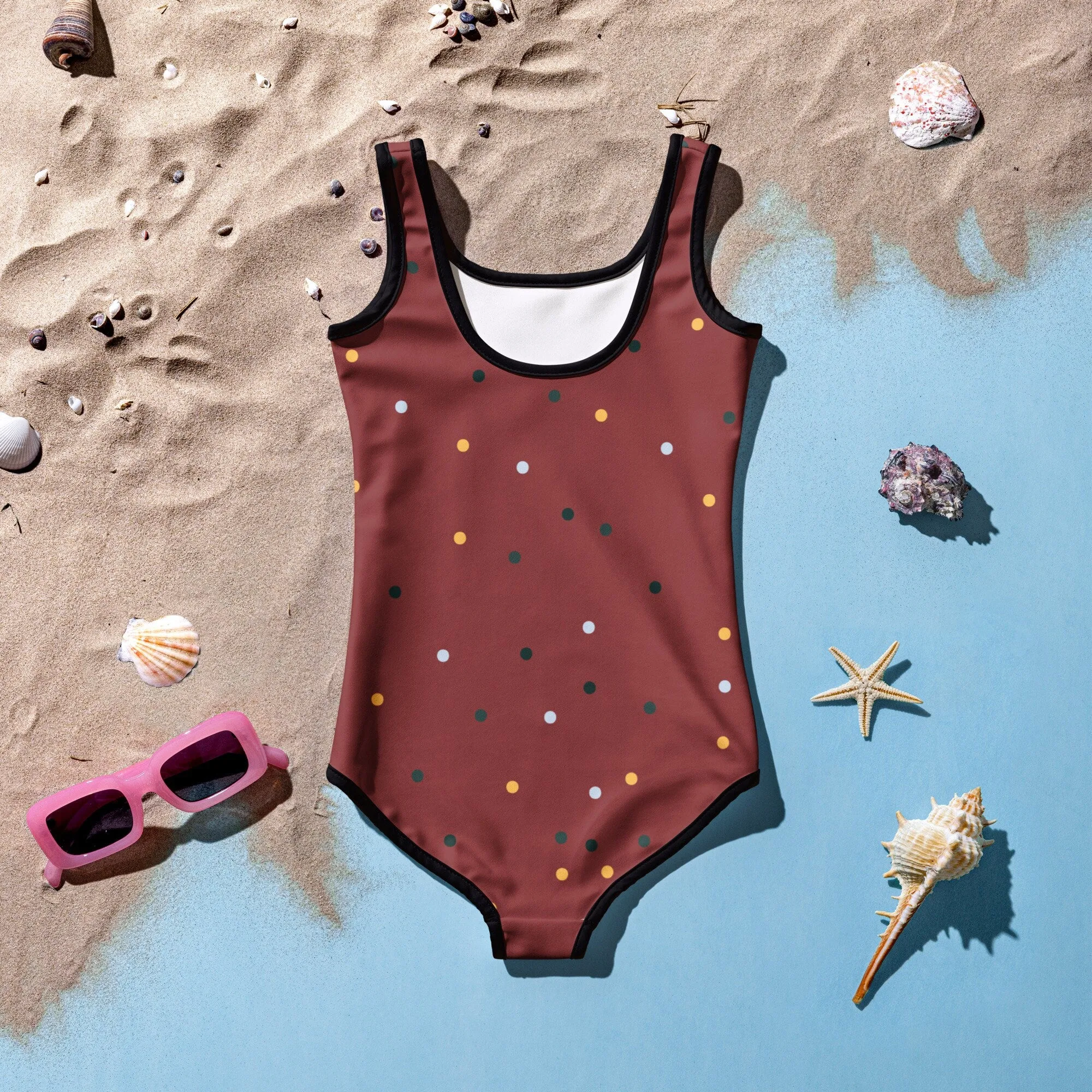 Maroon and Gold Polka Dot Kids One Piece Swimsuit