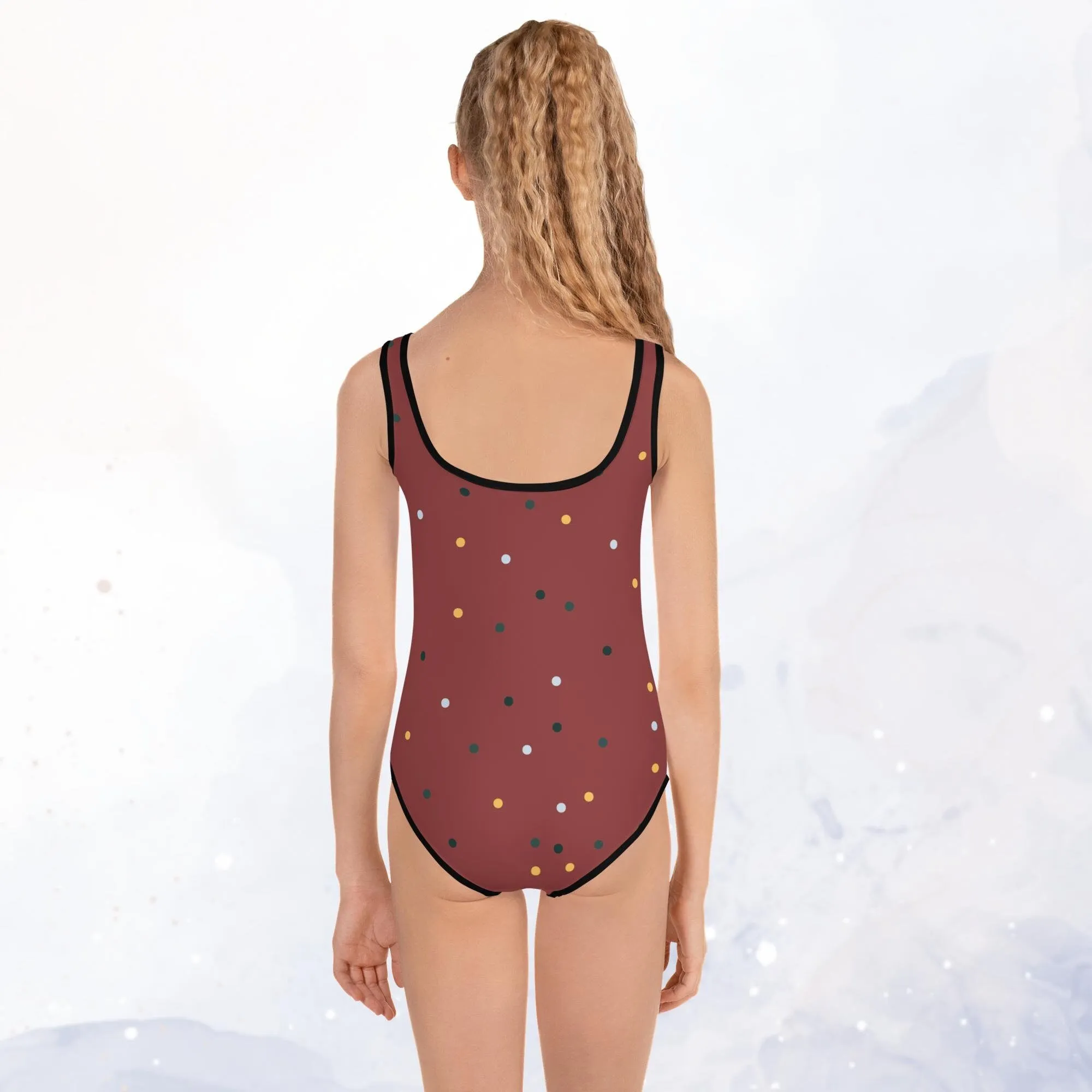 Maroon and Gold Polka Dot Kids One Piece Swimsuit