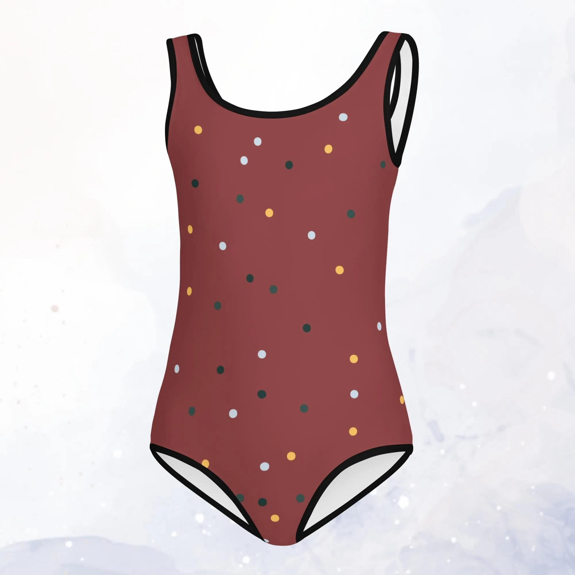 Maroon and Gold Polka Dot Kids One Piece Swimsuit