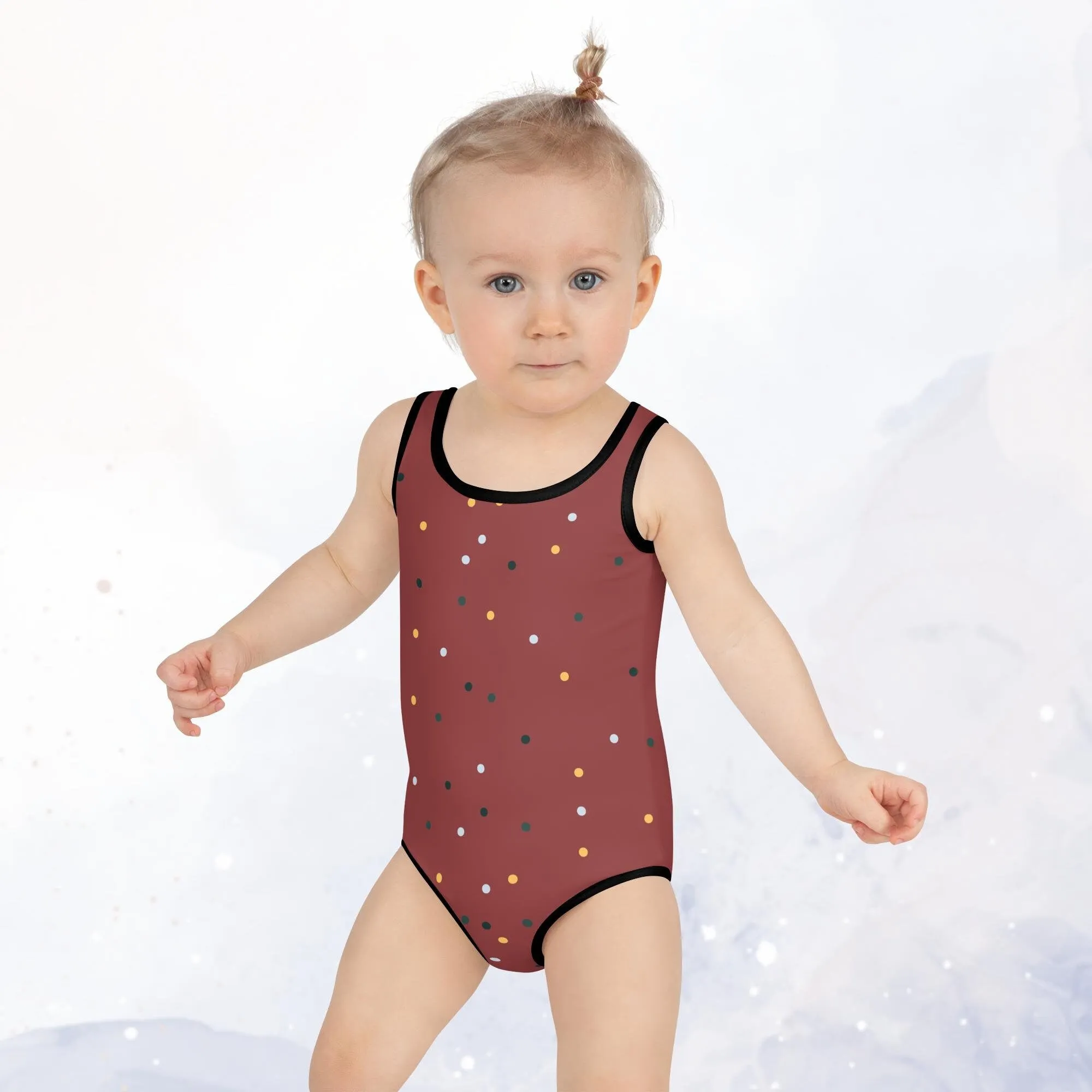 Maroon and Gold Polka Dot Kids One Piece Swimsuit