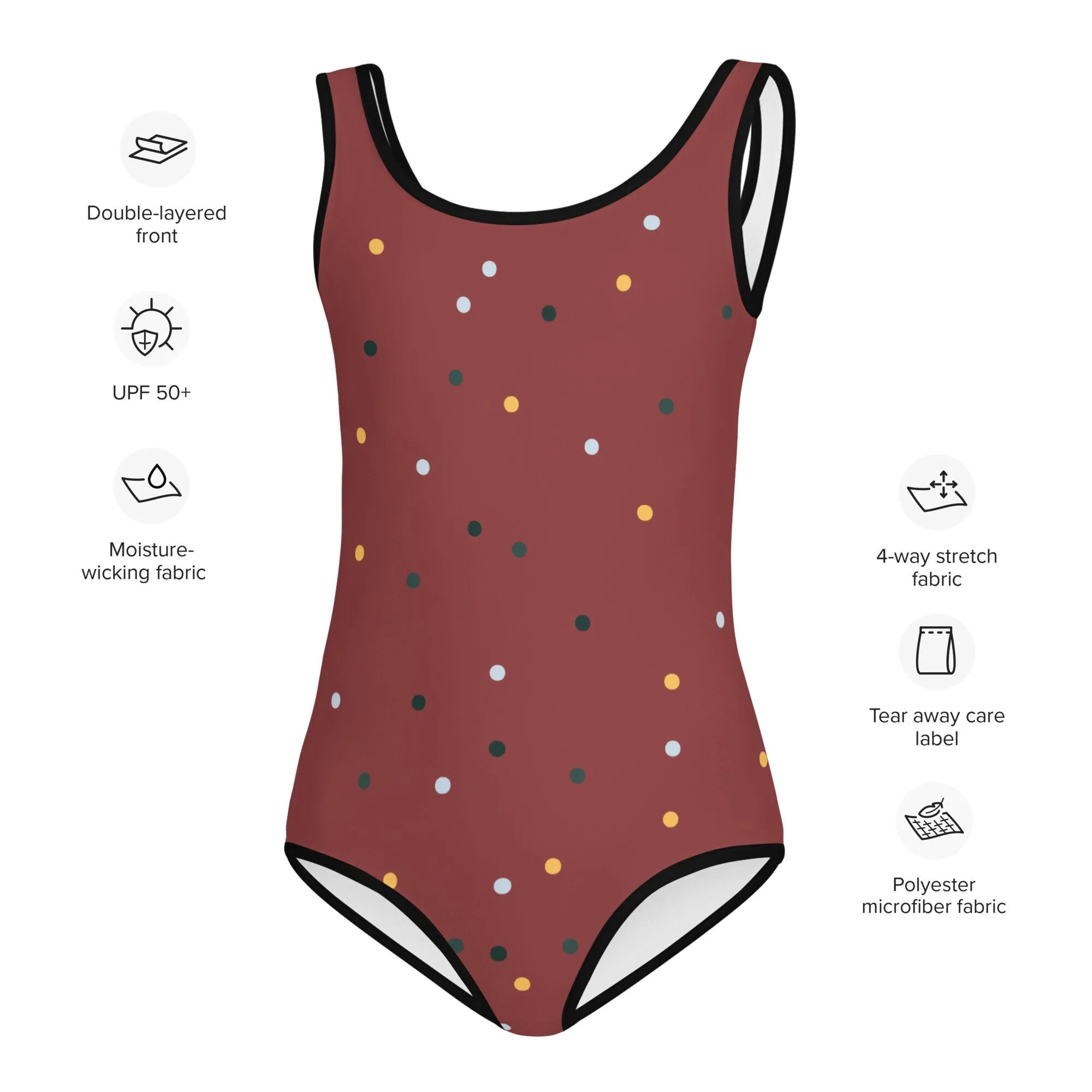 Maroon and Gold Polka Dot Kids One Piece Swimsuit