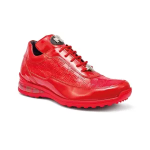 Mauri 8900/2 Bubble Italian Men's Shoes Red Exotic Crocodile / Patent Embossed Leather Casual Sneakers (MA5343)
