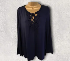 Max Studio Navy Jersey Tie Neck Long Sleeve Top Size L UK 12 US 8 EU 40