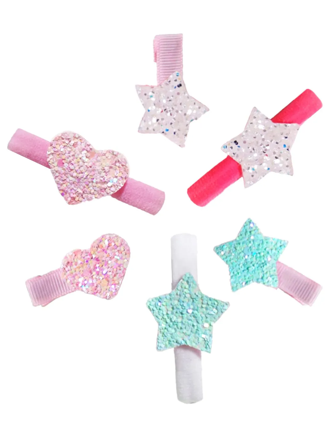 Melbees by Yellow Chimes 6 pcs Hair Clips Hair Band for Kids with Glittering Star Heart Charms Hair Accessories Pretty Snap Hairpins Hair Ties for Kids Girls (Pack of 6), Multi-Color, Medium (YCHACLRB-KD004-MC)