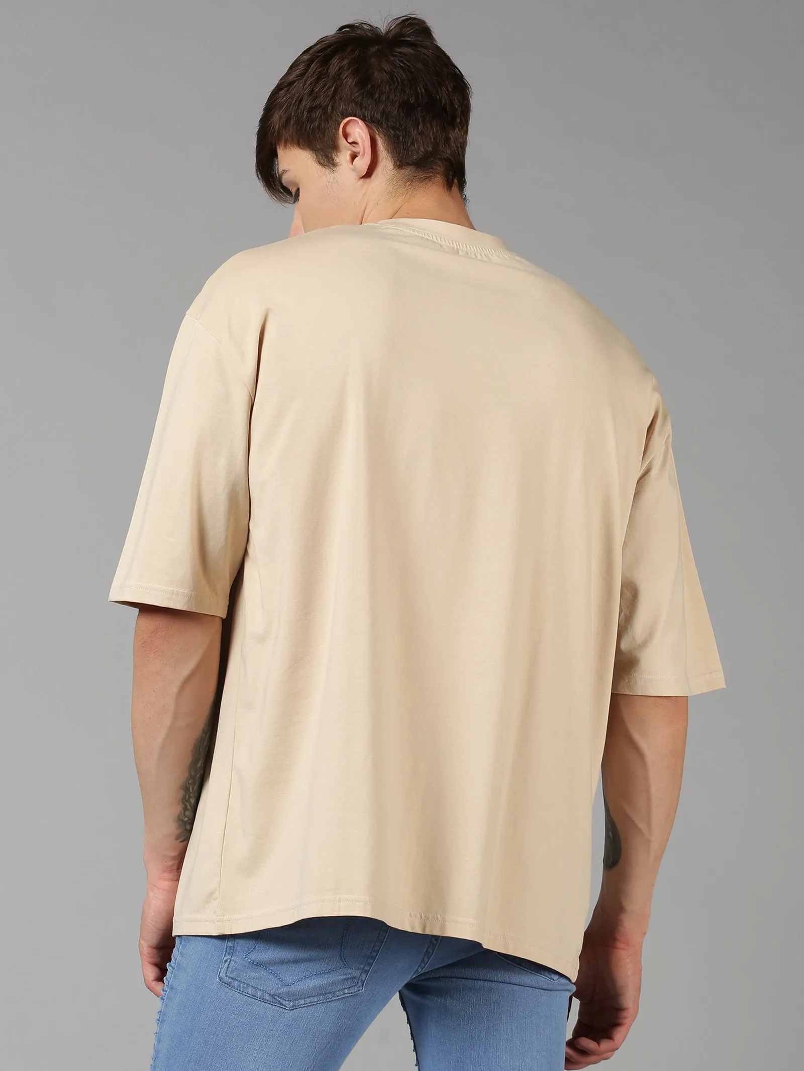 Men Beige Plain Solid Round Neck Organic Cotton Over Sized Loose Fit Half Sleeve Casual T-Shirt