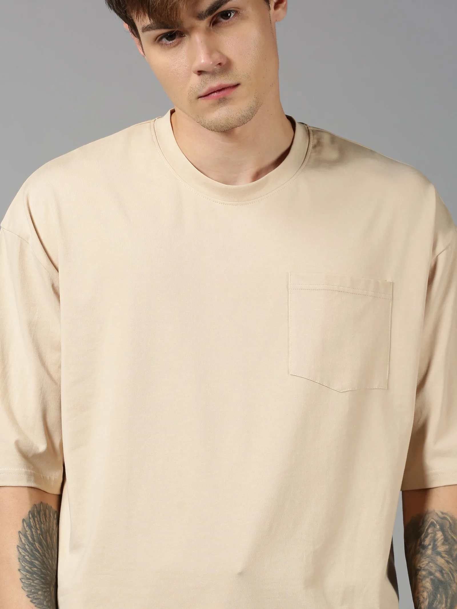 Men Beige Plain Solid Round Neck Organic Cotton Over Sized Loose Fit Half Sleeve Casual T-Shirt