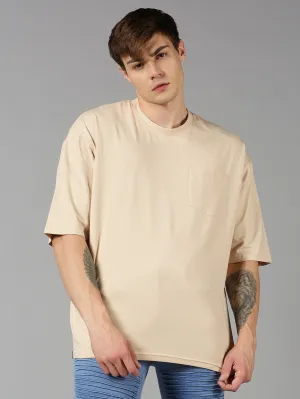 Men Beige Plain Solid Round Neck Organic Cotton Over Sized Loose Fit Half Sleeve Casual T-Shirt
