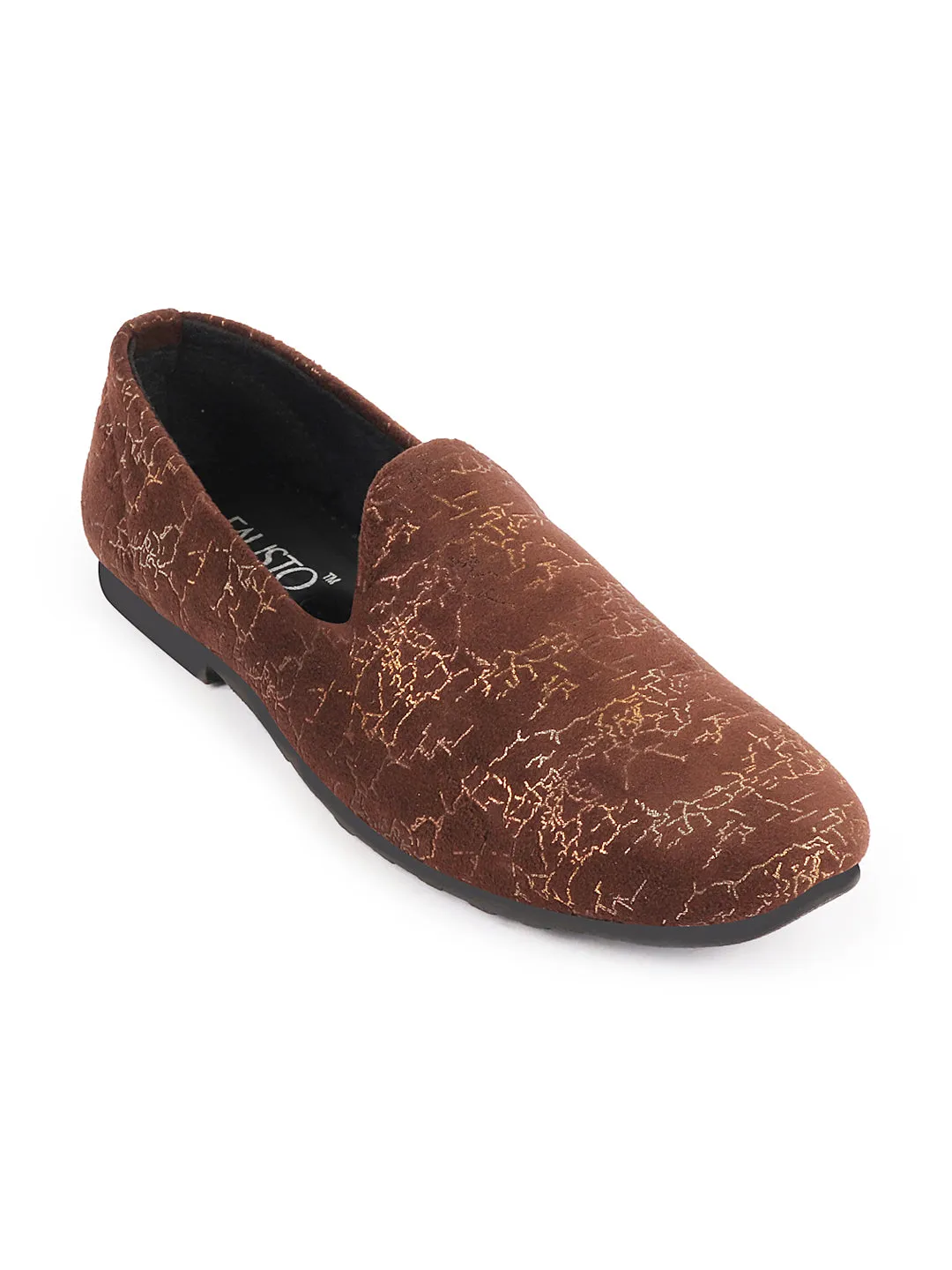 Men Brown Velvet Printed Design Ethnic Wedding Party Prom Slip On Loafer Shoes
