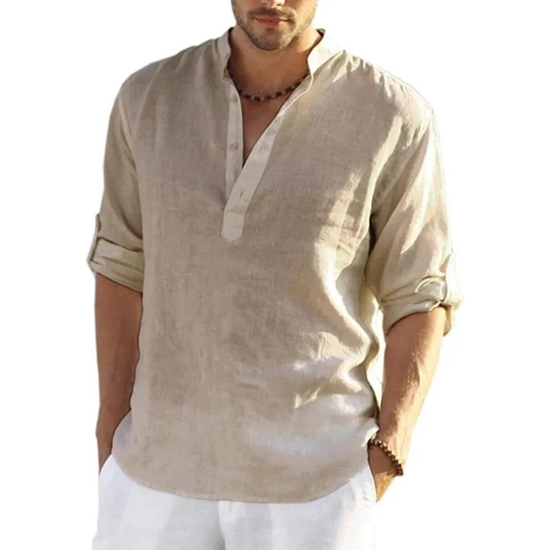 Men Linen Long Sleeve Shirts Solid Color Casual Cotton Linen Shirt Tops