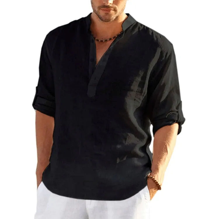 Men Linen Long Sleeve Shirts Solid Color Casual Cotton Linen Shirt Tops