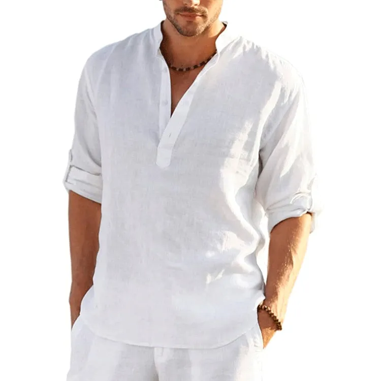Men Linen Long Sleeve Shirts Solid Color Casual Cotton Linen Shirt Tops