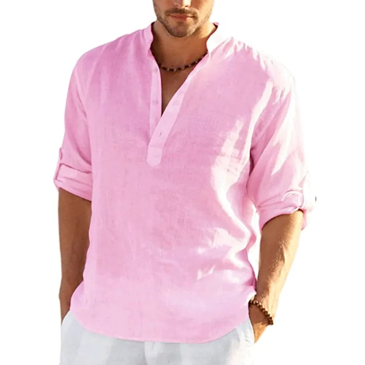 Men Linen Long Sleeve Shirts Solid Color Casual Cotton Linen Shirt Tops