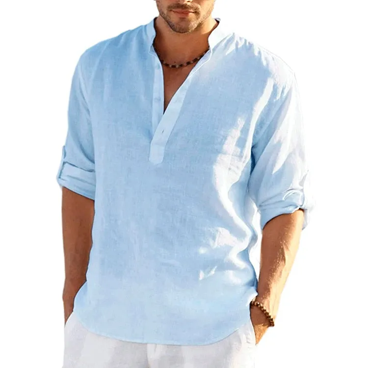 Men Linen Long Sleeve Shirts Solid Color Casual Cotton Linen Shirt Tops