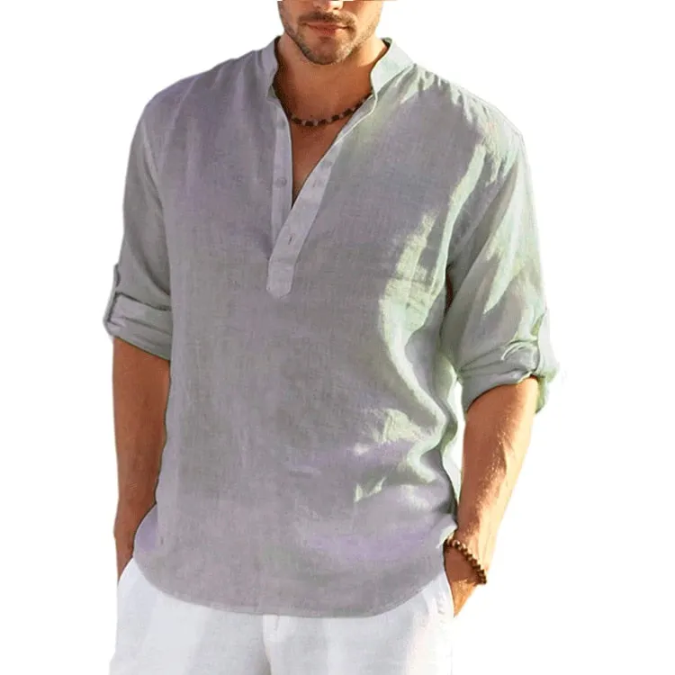 Men Linen Long Sleeve Shirts Solid Color Casual Cotton Linen Shirt Tops