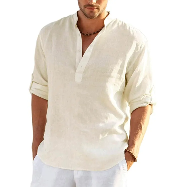 Men Linen Long Sleeve Shirts Solid Color Casual Cotton Linen Shirt Tops
