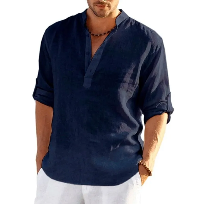 Men Linen Long Sleeve Shirts Solid Color Casual Cotton Linen Shirt Tops