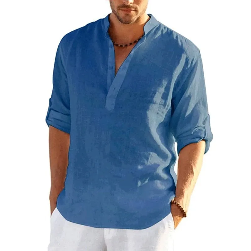 Men Linen Long Sleeve Shirts Solid Color Casual Cotton Linen Shirt Tops