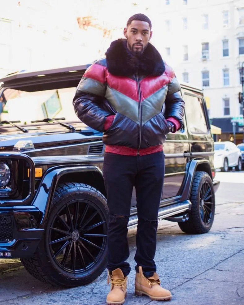 MEN V BOMBER- MULTI COLOR RED/GREEN/NAVY BLUE