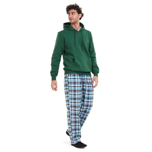 Men Winter Pajama Set Green Hoodie   Turquoise x Dark Green Checkered Pants
