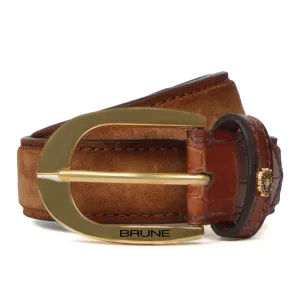 Men's Belt with Mini Lion Tan Suede Leather Oval Shape Buckle