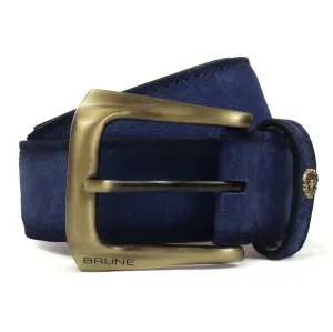 Men's Blue Suede Belt With Golden Slant Shape Buckle
