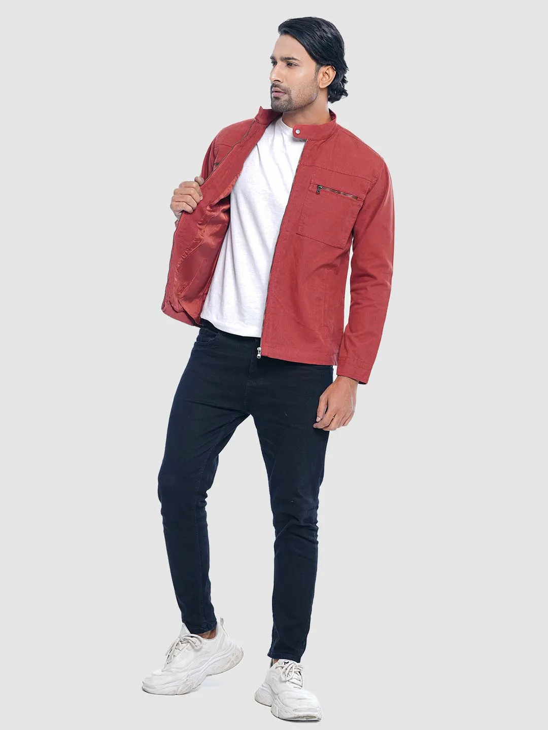 Men's Casual Biker Jacket in Burn Orange