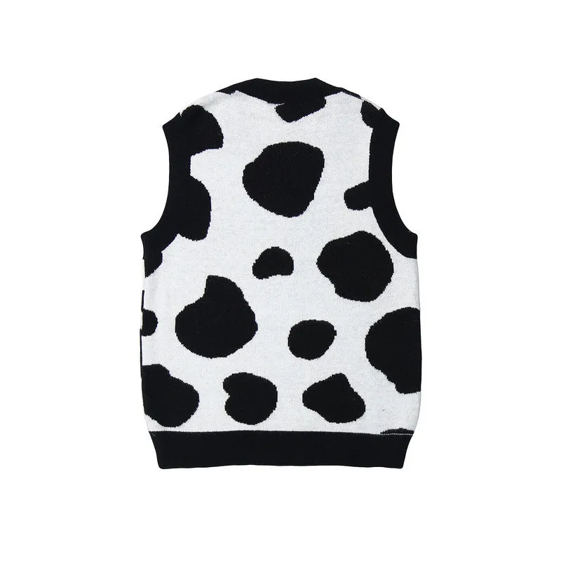 Mens Fall Outfits Vintage Cows Pattern Knitted Vest Man Loose Couple Pullover Sleeveless Sweater