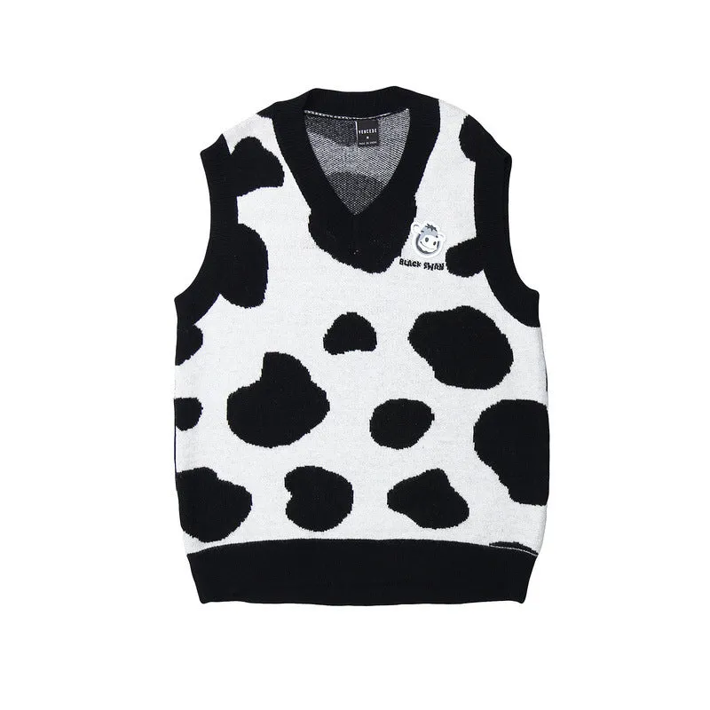 Mens Fall Outfits Vintage Cows Pattern Knitted Vest Man Loose Couple Pullover Sleeveless Sweater