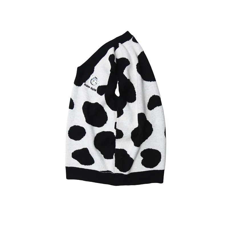 Mens Fall Outfits Vintage Cows Pattern Knitted Vest Man Loose Couple Pullover Sleeveless Sweater