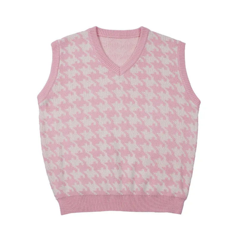 Mens Fall Outfits Vintage Plaid Knitted Vest Man Loose Couple Pullover Sleeveless Sweater