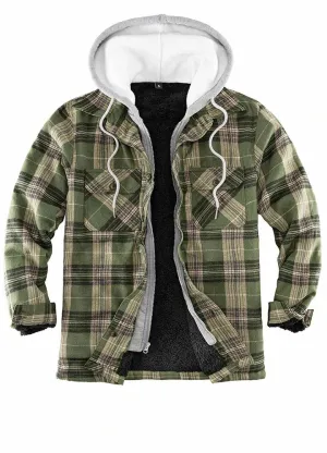 Men's Fuzzy Sherpa Lined Zip Up Plaid Flannel Shirt Jacket with Hood
